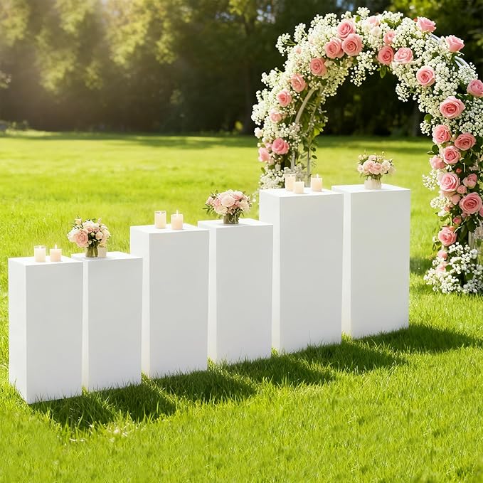 6Pcs Square Display Pedestal Stands Set for Party, Metal Display Stand Plinth Pillars, Cake Stands Pillars for Wedding Birthday Art Decor Risers, 11.8*31.5" (L), 11.02*25.6" (M), 10.24*23.6" (S)