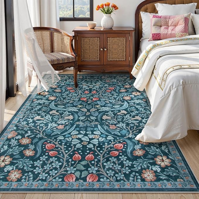 Moynesa Floral Washable Rug, Boho 5x7 Area Rugs for Living Room, Non Slip Large Dining Room Rug Under Table, Botanical Ultra Thin Floor Carpet for Bedroom Home Office, Teal