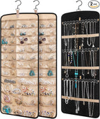 2 Pack Hanging Jewelry Organizer Storage with 39 Pockets, 30 Necklace Hooks Double Sided Wall Mount Earring Holder Organizer Bracelet Necklace Jewelry Display Hanger for Closet Door(Black)