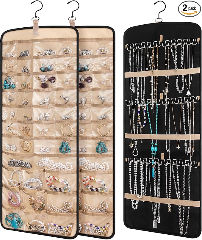 2 Pack Hanging Jewelry Organizer Storage with 39 Pockets, 30 Necklace Hooks Double Sided Wall Mount Earring Holder Organizer Bracelet Necklace Jewelry Display Hanger for Closet Door(Black)