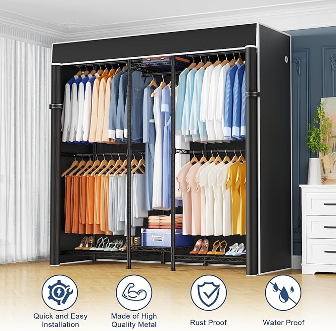 Ulif E12C Heavy Duty Closet Organizer System，Freestanding Clothing Rack, Adjustable Garment Rack 57.1" W x 16" D x 76.5" H Holds 860 lbs, Black Clothing Rack with Black Dustproof Cover
