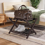 Smuxee Fully Assembled Brown Luggage Rack, Upgraded Bamboo Foldable Suitcase Stand with 5 Nylon Straps, Luggage Holder with Shelf for Guest Room Bedroom Hotel