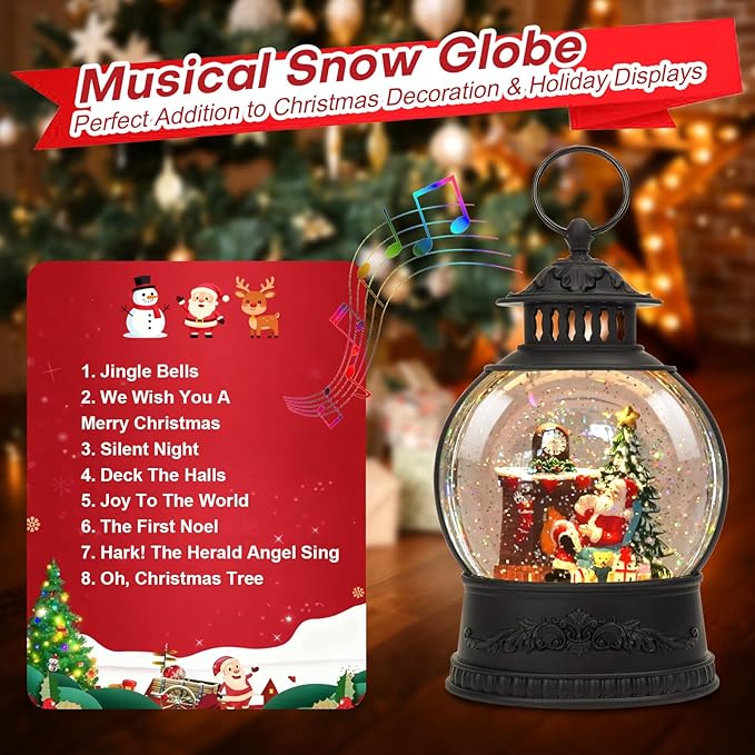 Christmas Snow Globe Water Lantern with Timer and Music, USB and Battery Operated Lighted Led Globe, Santa Snowglobe Table Decorations Indoor for Adults Home Holiday (Santa)