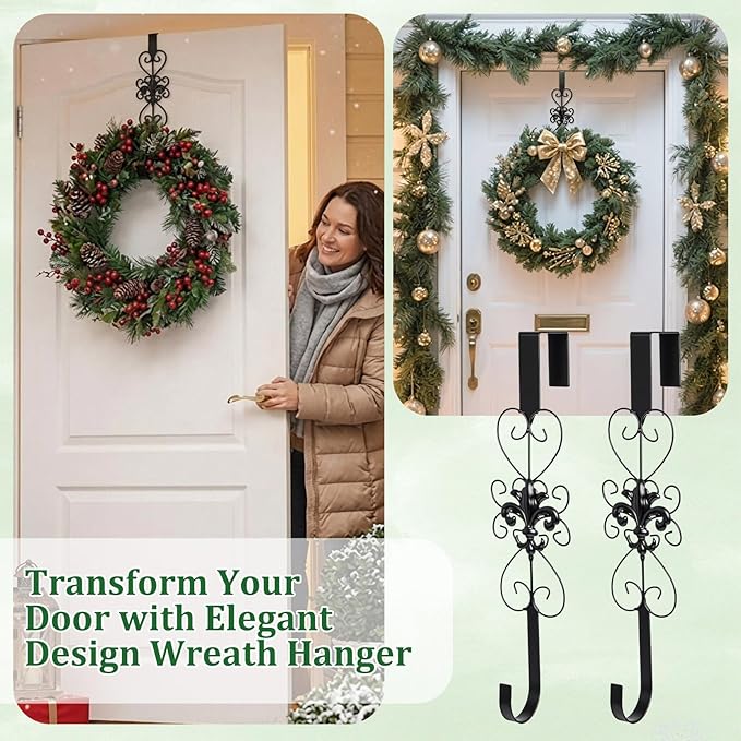 2 Pcs Wreath Hangers for Front Door Heavy Duty Metal Wreath Hook 15.5 Inch Door Hanger Elegant Design Decor Wreaths Hanger for Easter Christmas Indoor Outdoor (Black)