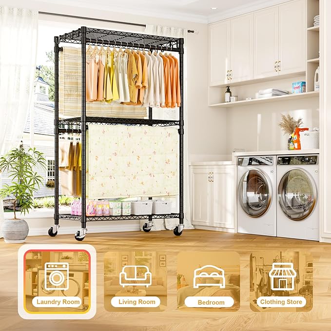 P5 Rolling Clothes Rack Heavy Duty, Clothing Racks for Hanging Clothes, Metal Garment Rack with Wheels, 3-Tier Portable Closet Rack 39.4'' W × 20.5'' D × 80.5'' H, Max Load 650 Lbs, Black