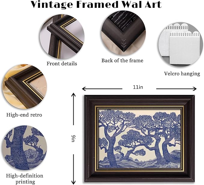 Vintage Gold Framed Wall Art Oak Tree Forest Painting Canvas Prints Blue Woodland Nature Landscape Picture Moody Botanical Poster Artwork for Living Room Bedroom, 9x11in