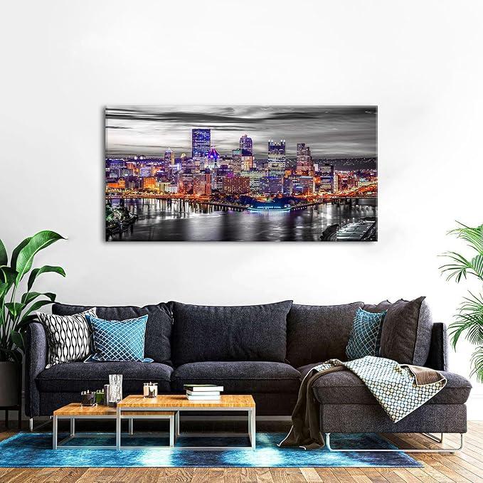 Extra Large Pittsburgh Wall Art Black and White Cityscape Wall Decor Modern Night City Skyline Picture Office Decor Pennsylvania Skyscrapers Canvas Prints for Bedroom Living Room Decoration 30x60"