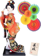 ALAMIYA Home Decoration Asian Japanese Geisha Kimono Doll Collectible Figurine Gift with Paper Fan