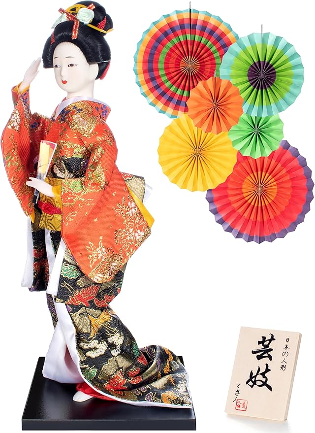 ALAMIYA Home Decoration Asian Japanese Geisha Kimono Doll Collectible Figurine Gift with Paper Fan
