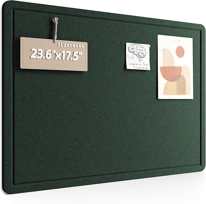 Fluxynara Bulletin Board, 23.6" x 17.5" Cork Board Alternative with 12 Safe Removable Adhesive Tabs, Foldable Felt Pin Board for Home Office, Classroom, Bedroom,Entryway for Walls—Pine Green