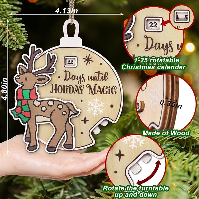 Christmas Reindeer Snowflake Ornaments for Trees Decorations, Wooden Countdown Hanging Pendant Charms Xmas Elk Decorative DIY Craft Hanging Ornaments for Christmas Decorations
