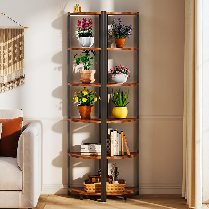 Corner Shelf with LED Lights, 6-Tier Corner Bookshelf, 66'' Organizer Book Shelf Shelves Steel Frame Display Stand with Living Room, Bedroom, Study, Rustic Brown