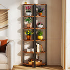 Corner Shelf with LED Lights, 6-Tier Corner Bookshelf, 66'' Organizer Book Shelf Shelves Steel Frame Display Stand with Living Room, Bedroom, Study, Rustic Brown