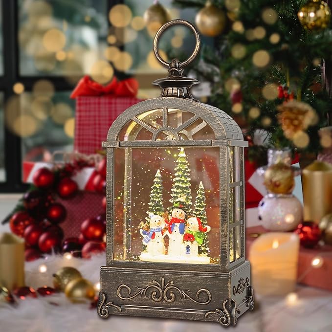 Christmas Snow Globe Lantern,Christmas Decorations Indoor for Home,with 6 Hour Timer Musical Snow Globes,Battery Or USB Powered Swirling Glitter Lantern Christmas Decor Gifts,Snowman Family
