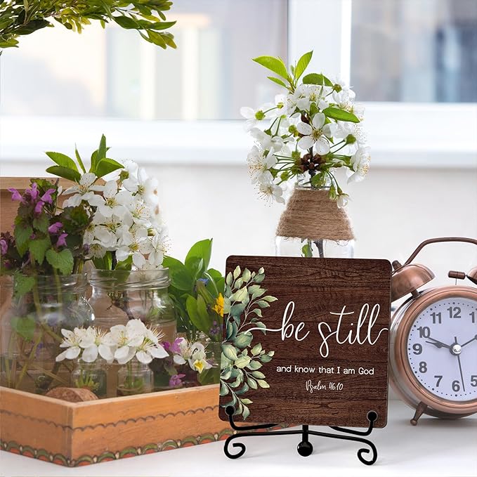 Inspirational Christian Desk Decor, Be Still And Know That I Am God Rutsic Sign, Desk Decorations For Office Home Living Room Bathroom, Eucalyptus Shelf Decor, Wooden Plaque With Stand (05)