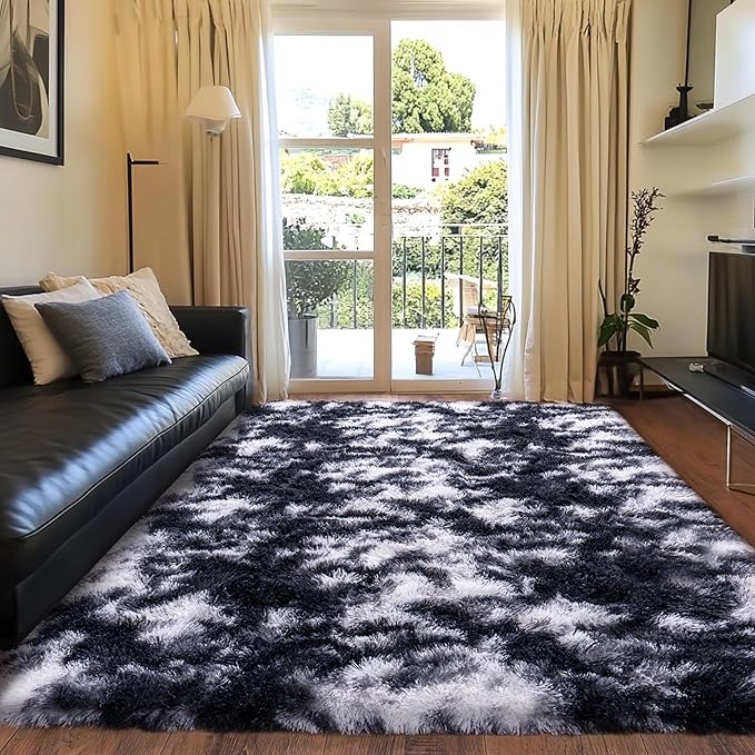 Black and White Rug for Bedroom, 4x6 Area Rug for Kids Room, Bedside Indoor Floor Fluffy Shag Carpet, Plush Soft Rug for Living Room Nursery Dorm Home Decor