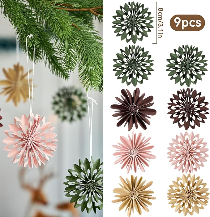 EASY JOY 9Pcs Christmas Hanging Decorations - 3D Paper Christmas Tree Hanging Decor Pink Green Brown Snowflake Ornaments Christmas Decorations Outdoor Indoor for Xmas Party,Boho Home,Window Door Decor