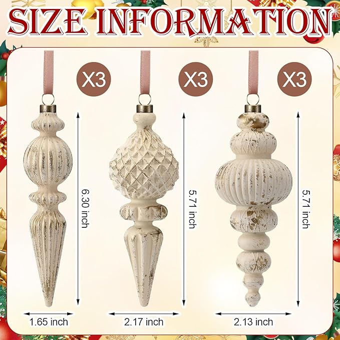 Yunlly 9 Pcs Neutral Christmas Ornaments Textured Christmas Tree Decor with Hanging Loop Modern Brown Hanging Ornaments Finial Shatterproof Decor for Xmas Vintage Rustic Farmhouse (Retro White)