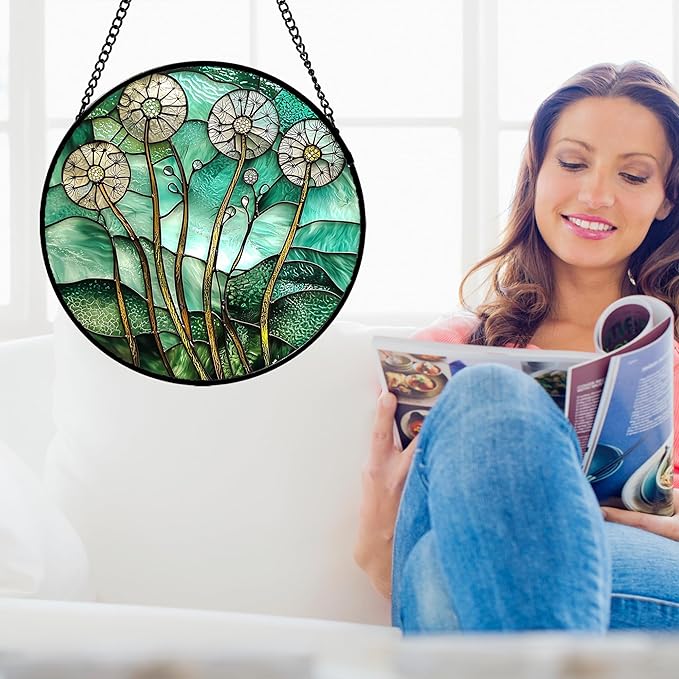 Stained Glass Window Hanging, Green Abstract Lotus Leaves Tree Sun Catcher for Window Door Home Decor Plant Suncatcher Christmas Mother's Day Birthday Gifts for Women Men Mom Nana 7.8 in