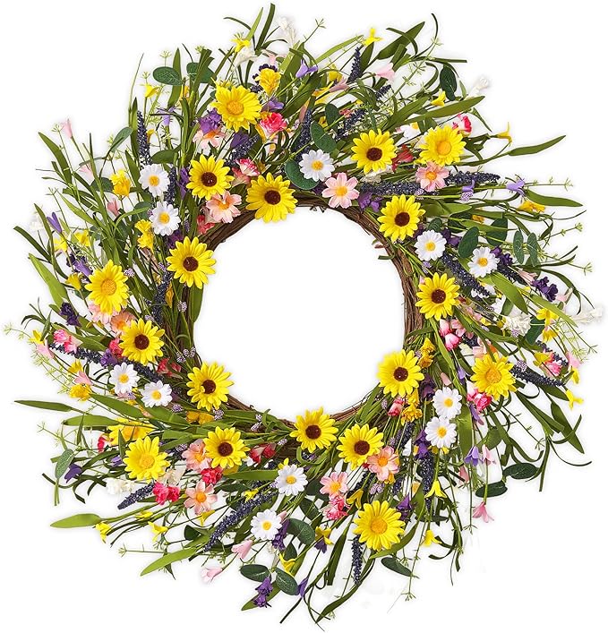 Spring Wreaths for Front Door, 22 Inch Spring and Summer Daisy Wreath for Farmhouse Porch Wall Window Home Decor for Indoor Outdoor Housewarming Gift