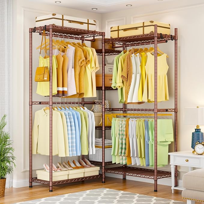 Ulif E4 Clothes Rack, Heavy-Duty Garment Rack, Metal Freestanding Clothing Organization Storage System Can Be L-Shaped with Shelves and Hangers, Max Load 962lbs, 71.6" W x 14.5" D x 79.3" H, Bronze