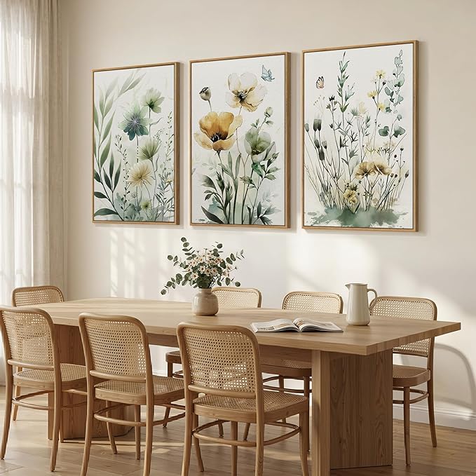 Framed Large Botanical Wall Art for Living Room, 3 Piece Minimalist Watercolor Floral Canvas Wall Art Prints, Modern Farmhouse Boho Sage Green Wildflower Picture for Bedroom Dining Room Decor, 24x36