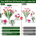 TURNMEON 20 Bundles Artificial Flowers for Outdoors Fake Plants Spring Decor, UV Resistant Artificial Plants Cemetery Flowers Faux Plastic Greenery Shrub for Home Porch Summer Decor 580 Heads(Magenta)