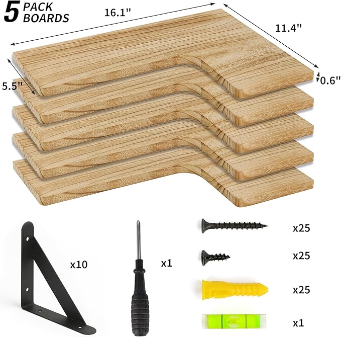 Fixwal Floating Shelves for Wall Set of 5, Rustic Wood Wall Mounted Corner Shelf for Bathroom, Kitchen, Bedroom, Home Decor, Laundry Room, Living Room (Carbonized Black)