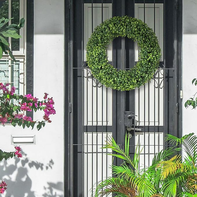 Spring Wreath, 20 inch Boxwood Wreaths for Front Door, Summer Wreaths with UV Protection, Green Artificial Wreath for Farmhouse, Room Indoors, Outdoors, Corridors, Offices, for All Seasons