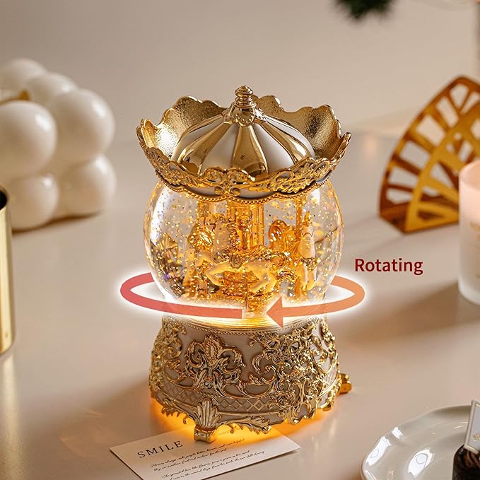 Carousel Musical Snow Globe Princess Unicorn Music Box for Girls Women Baby Kids Sister Daughter Mom Granddaughter Grandma Christmas Birthday Presents Gifts (Gold)