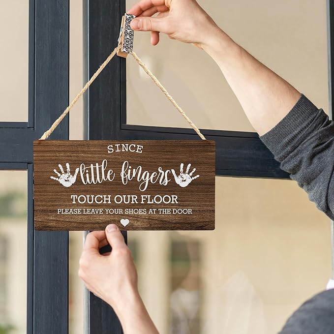Wall Pediments Shoes Off Sign,Shoes Off Sign for Front Door,Since Little Fingers Touch Our Floor Door Sign,Shoes Off Hanging Welcome Sign for Front Door,10x8 Inches，Wood Grain-5