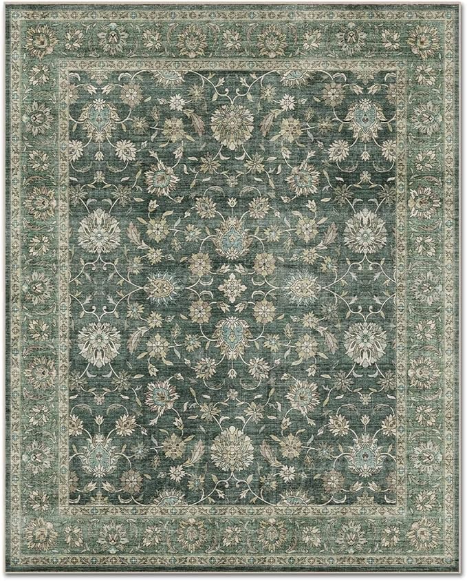 Washable 3x5 Entryway Rug, Boho Non-Slip Vintage Distress Small Rugs for Kitchen Nursery Office Bedroom, 0.3" Neutral Oriental Throw Thin Carpet with Cushioning Pad, Sage Green/Blue/Multi