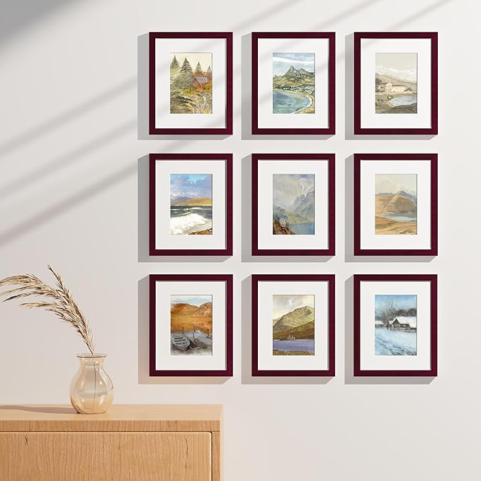 Vittanly 8x10 Picture Frames Set of 9, Shatter Resistant Plexiglass, Display 5x7 Pictures with Mat or 8x10 without Mat, Photo Frames for Wall or Tabletop, Engineered Wood, Cherry Red