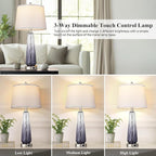 Glass Table Lamps Set of 2, Modern Bedside Lamps for Bedrooms with USB A+C Ports, 3-Way Dimmable Touch Control Nightstand Lamp with White Linen Shade, 27.5" Large Lamps for Living Room Decor, Grey