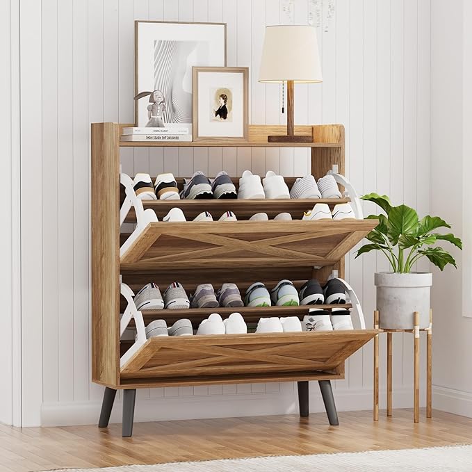 32" W Farmhouse Shoe Storage Cabinet with 2 Flip Drawers and Barn Door Design, Adjustable Shelves, Hidden Slim Narrow Shoe Rack Cabinet for Entryway, Foyer, Hallway, Living Room, Rustic Walnut