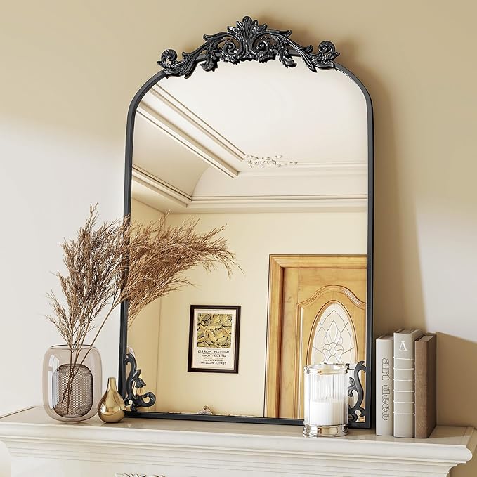 VooBang 26x38 inch Vintage Arched Bathroom Mirror - Gorgeous Wall Vanity Mirror with Beautiful Retro Top and Bottom Engraving Process Frame for Entryway Hallway Living Room, Black