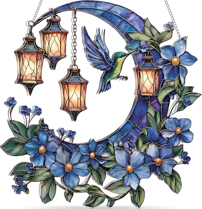 Hummingbird Moon Ornament Acrylic Suncatcher, Stained Glass Style Window Hanging with Lantern and Blue Flowers, 4.5 Inch Decorative Home Decor, Gift for Women, Christmas Ornament(Sun-37)