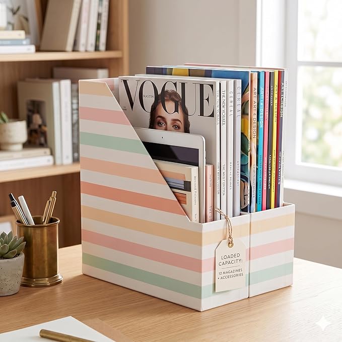 BLU MONACO | Cardboard Magazine File Holder Set of 4 | Vertical Magazine File Holder with Gold Label Slots | Standing File Holder and Cardboard Bins for Shelves Desk Classroom