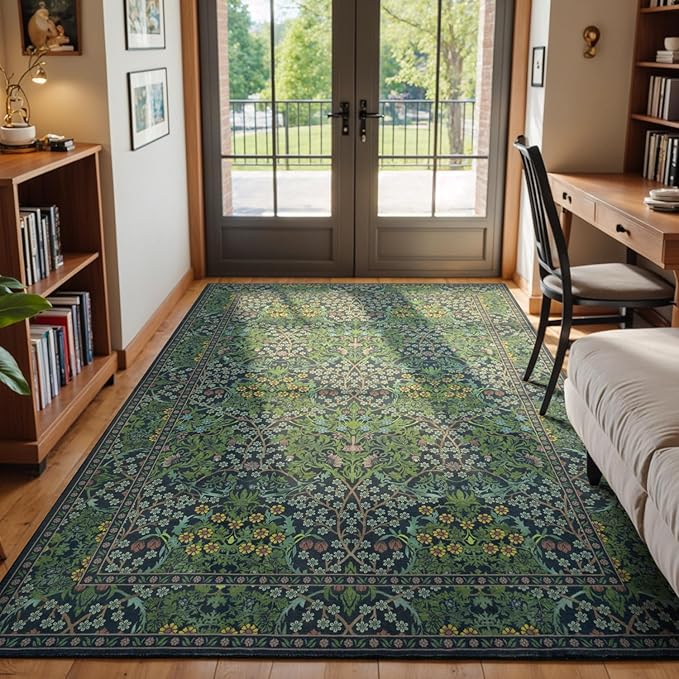 Lessymo Dining Room Rugs for Under Table, 6x9 Washable Forest Green Oriental Area Rug for Living Room, Non Slip Low Pile Carpet for Bedroom, Stain Resistance Vintage Floral Design Decor
