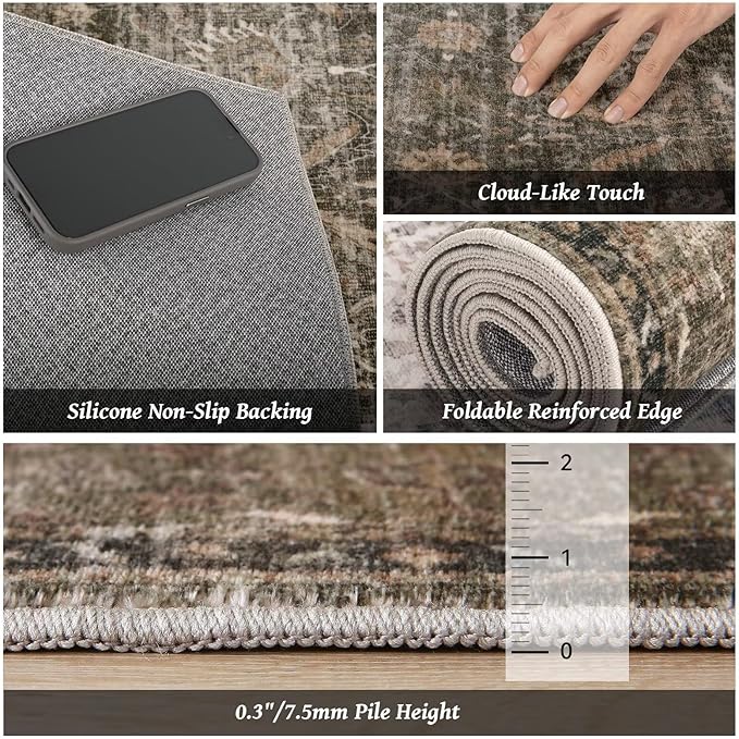 Washable 6x9 Area Rugs for Living Room, Boho Non-Slip Vintage Distress Large Rugs for Bedroom Dining Room Nursery Office, 0.3" Neutral Oriental Throw Thin Carpet, Rust/Multi