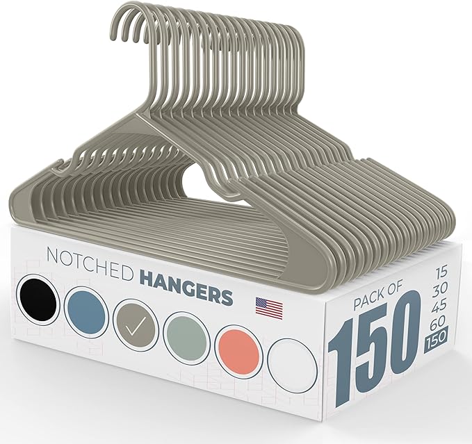 Neaties Plastic Hangers 100 Pack – Made in The USA – 6lb Capacity Standard Clothes Hangers with Notches and Reinforced Edges for Dresses, Lingerie, Shirts, Pants, and Jackets – Grey