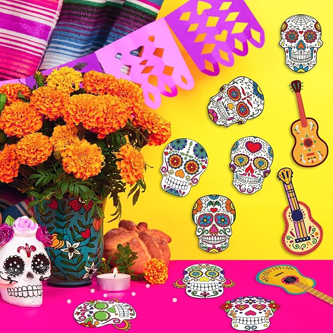 Day of The Dead Cutouts Sugar Skull Classroom Bulletin Board Decorations Colorful Skull Halloween Theme Party Supplies for Toddler Kids Students Classroom Decors
