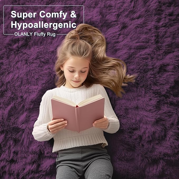 OLANLY 8x10 Machine Washable Large Area Rugs for Living Room, Bedroom, Soft Fluffy Shaggy Bedside Rug, Indoor Floor Carpet for Kids Girls and Boys, Dorms, Home Decor Aesthetic, Dark Purple