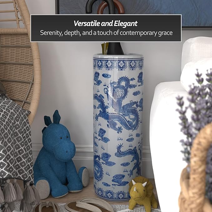Red Lantern 24" Dragon Blue & White Porcelain Umbrella Stand for Indoor/Outdoor Use in Garden Entryway Living Room Boho Eclectic Modern Contemporary Classic Traditional Style Decor