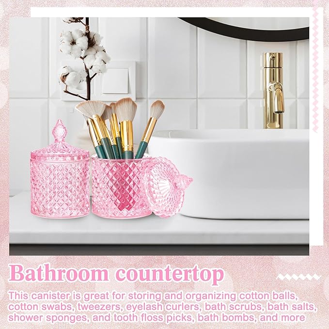 Aoriher 4 Pcs Crystal Glass Candy Jar Set with Lids Home Decorative Storage Jars for Apothecary, Bathroom, Kitchen, and Pantry, Ideal for Cotton Swabs and Jewelry (Large,Pink)