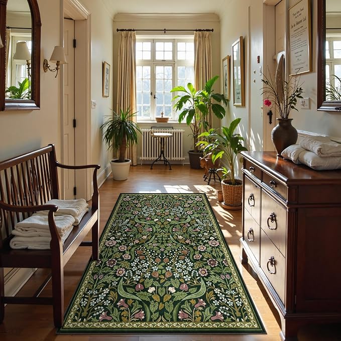 Moynesa Floral Green 4x6 Rug, Boho Washable Rugs for Living Room, Non Slip Soft Bedroom Area Rug, Botanical Ultra Thin Indoor Throw Carpet for Kitchen Entryway Bedside, Green