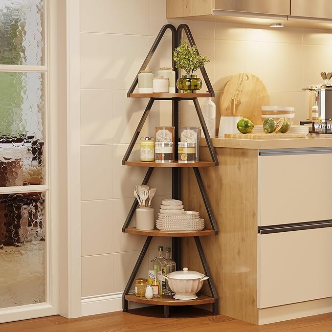 Espelism 4-Tier Corner Shelf Stand, 53.1” Tall Industrial Standing Display Shelf Storage Rack,Narrow Plant Stand,Tree Design Corner Bookshelf for Living Room, Bedroom, Office (Brown, 4-Tier)
