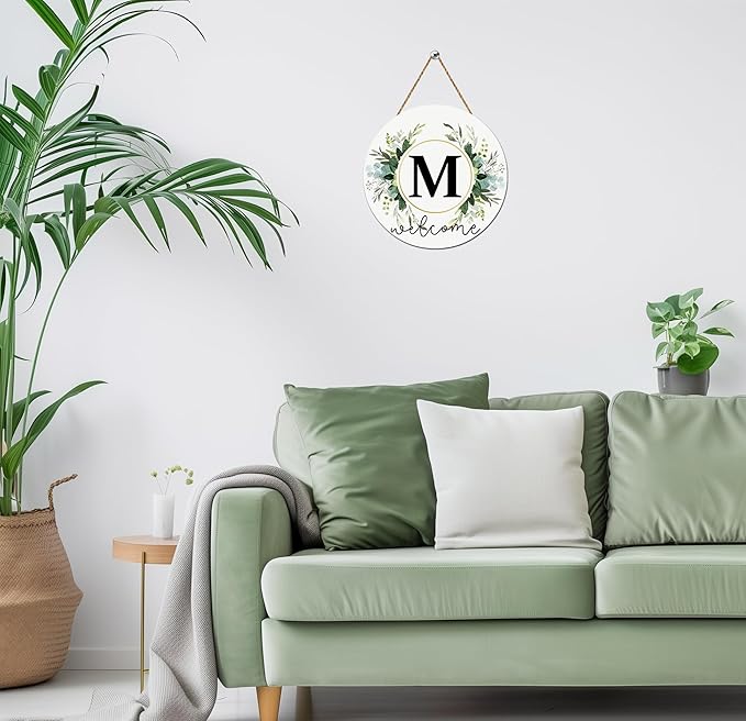Monogram Letter M House Warming Gifts New Home Wreaths for Front Door Decor Wooden Welcome Sign Floral Family Last Name Initial Spring Summer Porch Rustic Wall Home Kitchen Boho Decorations