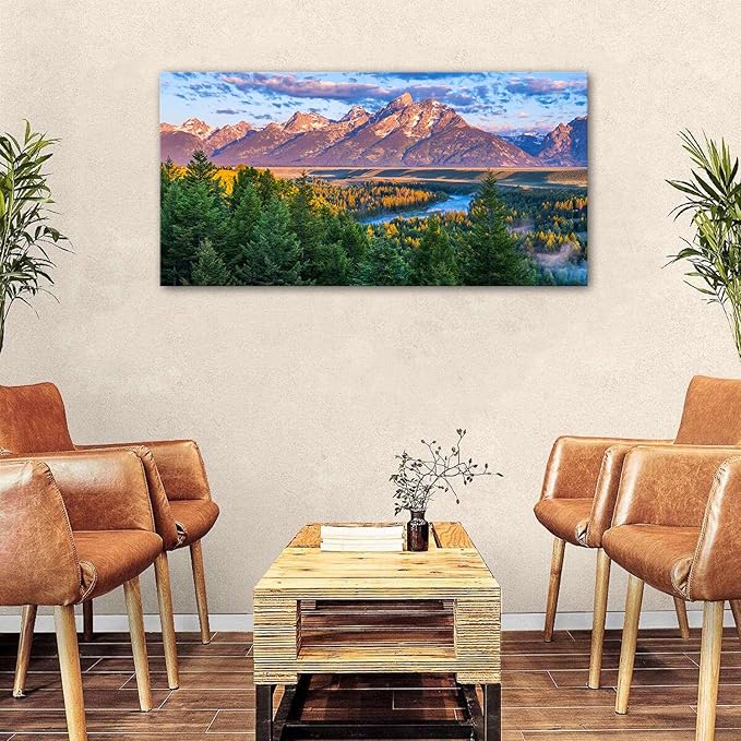 AIYISU Grand Teton Mountain Wall Art Sunset Nature National Park Posters Oxbow Bend Snake River Landscape Wall Decor Wyoming Scenery Painting Artwork for Living Room Office Home Decoration 24x48
