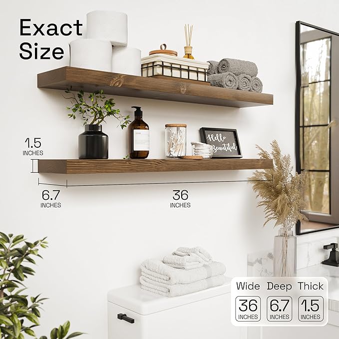 BAOBAB WORKSHOP Solid Wood Floating Shelves for Wall 36 Inches Long, Heavy Duty Wall Shelf for Bedroom 36 Inch Large, Real Wooden Bathroom Shelf Kitchen Rustic, Walnut Shelves, 36W × 6.7D, Set of 2